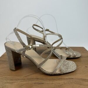 New NWOB Womens Pelle Moda Noreen Gold Glitter Strappy Block Heels Size 11 M‎